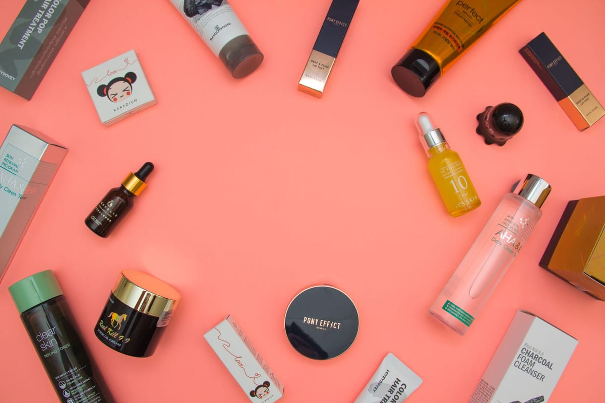 Flat lay of skincare products viewed from above